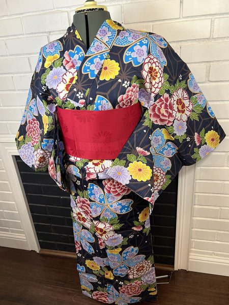 YUKATA and OBI 2 pc set, Size: M-L, Black Floral Yukata with Red Sakura Obi Set / Japanese Traditional Women's Yukata and Han-haba Obi