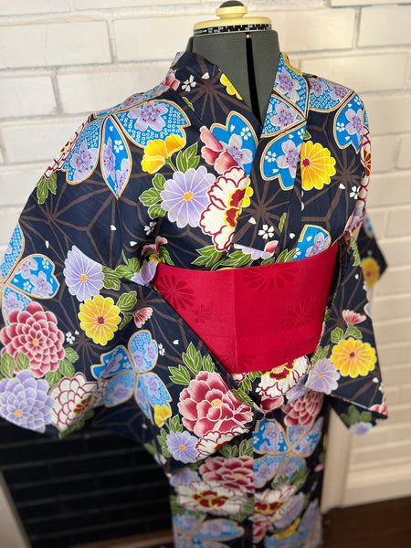 YUKATA and OBI 2 pc set, Size: M-L, Black Floral Yukata with Red Sakura Obi Set / Japanese Traditional Women's Yukata and Han-haba Obi