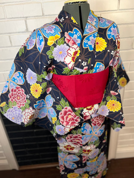 YUKATA and OBI 2 pc set, Size: M-L, Black Floral Yukata with Red Sakura Obi Set / Japanese Traditional Women's Yukata and Han-haba Obi