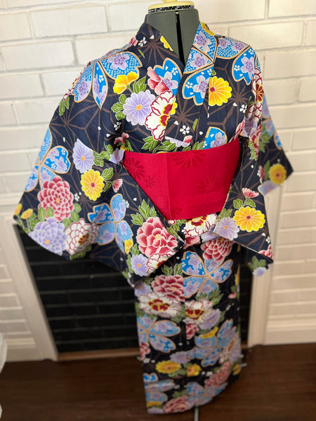 YUKATA and OBI 2 pc set, Size: M-L, Black Floral Yukata with Red Sakura Obi Set / Japanese Traditional Women's Yukata and Han-haba Obi