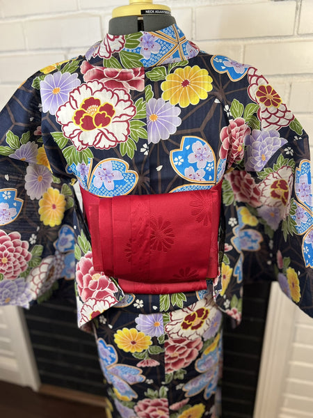 YUKATA and OBI 2 pc set, Size: M-L, Black Floral Yukata with Red Sakura Obi Set / Japanese Traditional Women's Yukata and Han-haba Obi