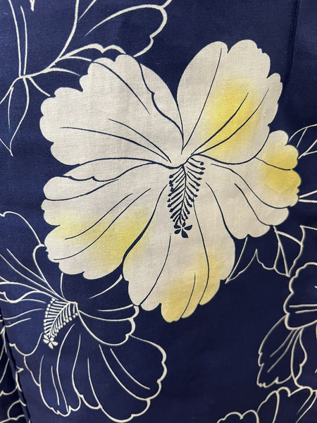 Japanese Cotton Yukata: Navy Hibiscus Print - Size M