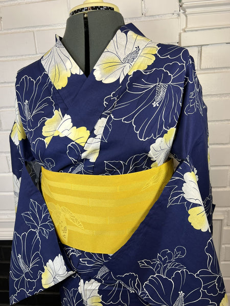 Japanese Cotton Yukata: Navy Hibiscus Print - Size M