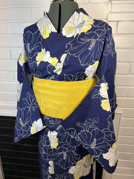 Japanese Cotton Yukata: Navy Hibiscus Print - Size M