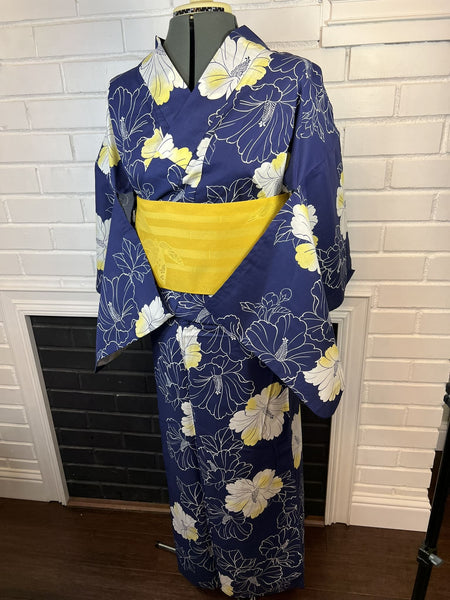 Japanese Cotton Yukata: Navy Hibiscus Print - Size M