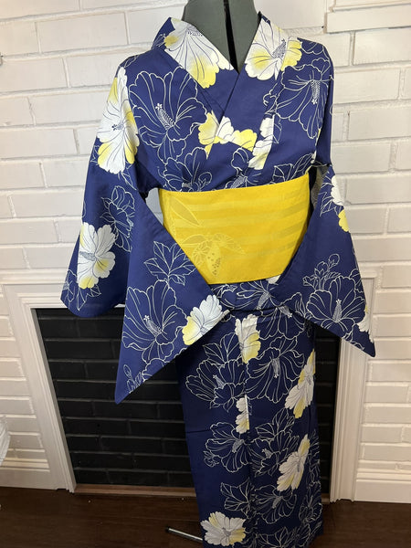 Japanese Cotton Yukata: Navy Hibiscus Print - Size M