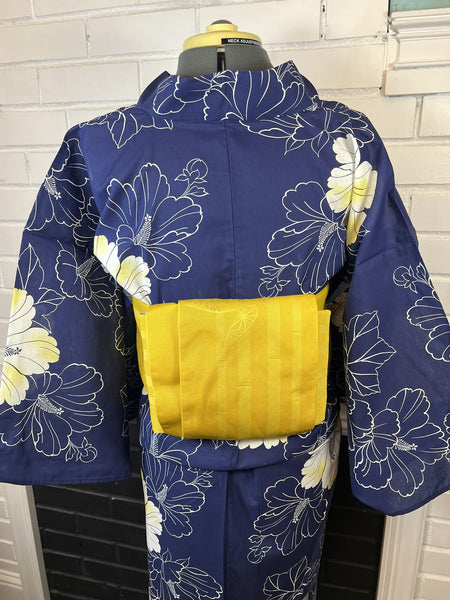 Japanese Cotton Yukata: Navy Hibiscus Print - Size M