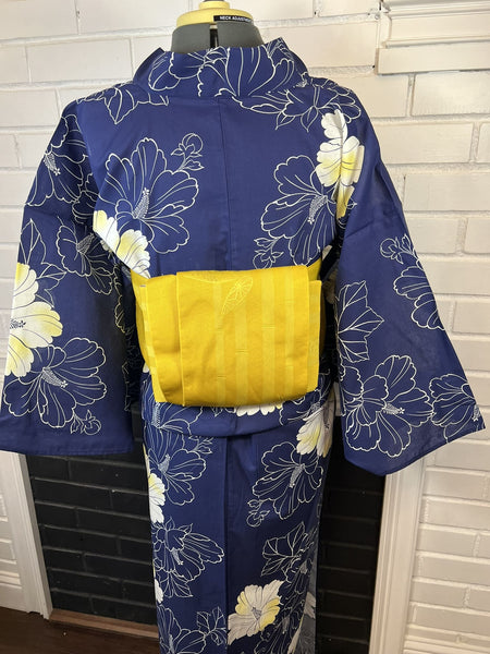 Japanese Cotton Yukata: Navy Hibiscus Print - Size M