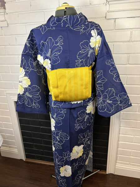 Japanese Cotton Yukata: Navy Hibiscus Print - Size M