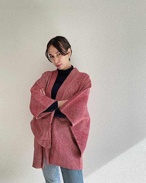 Azuki red and White Shibori Haori Kimono Jacket