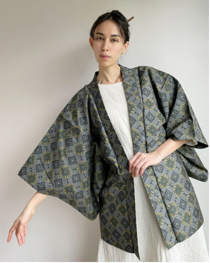 Geometric Tile Oshima Tsumugi Haori Kimono Jacket