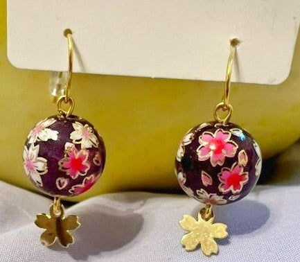 Handmade Japanese Sakura Earrings – Plum Purple Resin Beads with Gold Cherry Blossom Charms