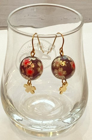 Handmade Japanese Sakura Earrings – Plum Purple Resin Beads with Gold Cherry Blossom Charms