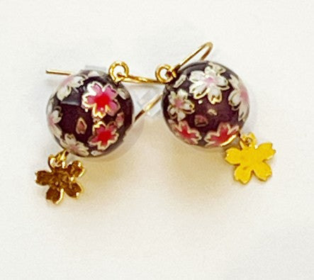 Handmade Japanese Sakura Earrings – Plum Purple Resin Beads with Gold Cherry Blossom Charms
