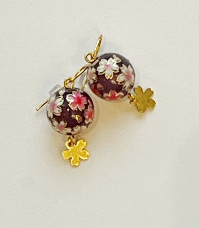 Handmade Japanese Sakura Earrings – Plum Purple Resin Beads with Gold Cherry Blossom Charms