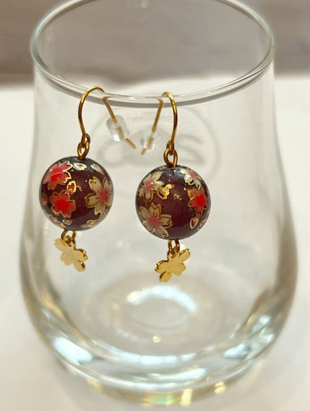 Handmade Japanese Sakura Earrings – Plum Purple Resin Beads with Gold Cherry Blossom Charms