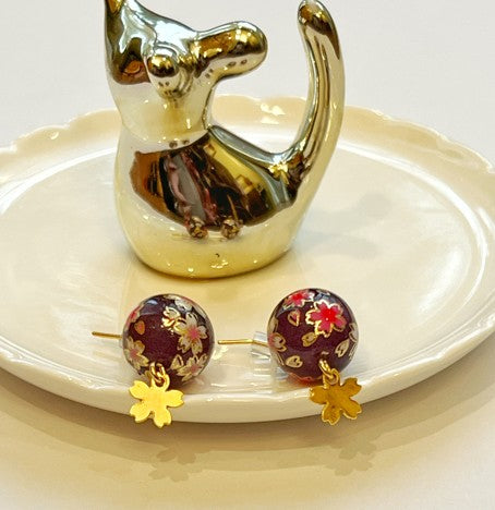 Handmade Japanese Sakura Earrings – Plum Purple Resin Beads with Gold Cherry Blossom Charms