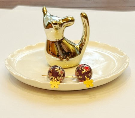 Handmade Japanese Sakura Earrings – Plum Purple Resin Beads with Gold Cherry Blossom Charms