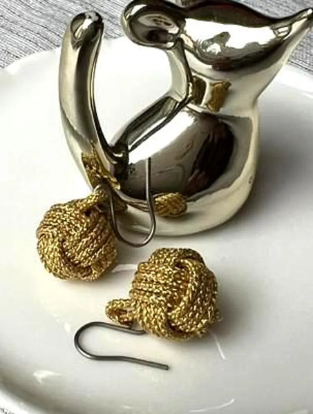 Handcrafted Japanese Silk Earrings –  Braided Gold Cord with Subtle Sparkle | Traditional Art Jewelry