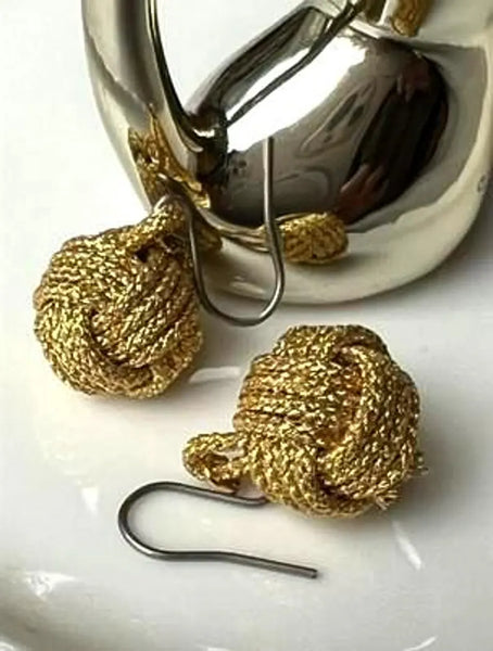 Handcrafted Japanese Silk Earrings –  Braided Gold Cord with Subtle Sparkle | Traditional Art Jewelry