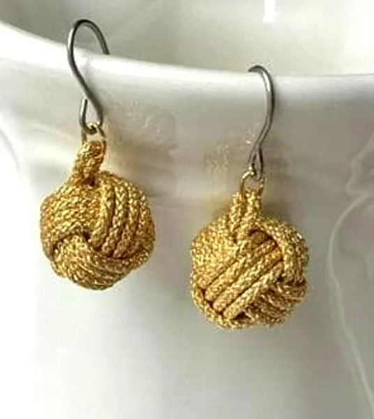 Handcrafted Japanese Silk Earrings –  Braided Gold Cord with Subtle Sparkle | Traditional Art Jewelry