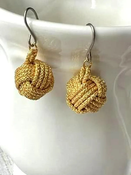 Handcrafted Japanese Silk Earrings –  Braided Gold Cord with Subtle Sparkle | Traditional Art Jewelry
