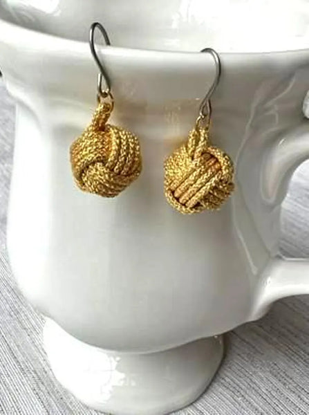 Handcrafted Japanese Silk Earrings –  Braided Gold Cord with Subtle Sparkle | Traditional Art Jewelry