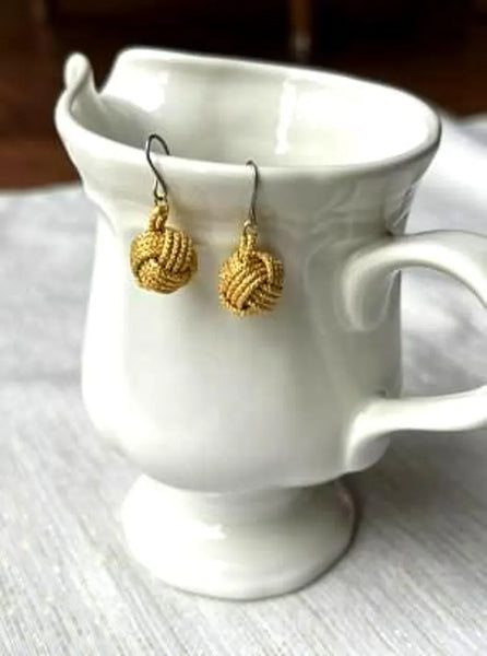 Handcrafted Japanese Silk Earrings –  Braided Gold Cord with Subtle Sparkle | Traditional Art Jewelry