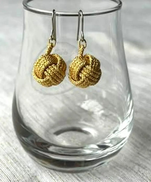 Handcrafted Japanese Silk Earrings –  Braided Gold Cord with Subtle Sparkle | Traditional Art Jewelry