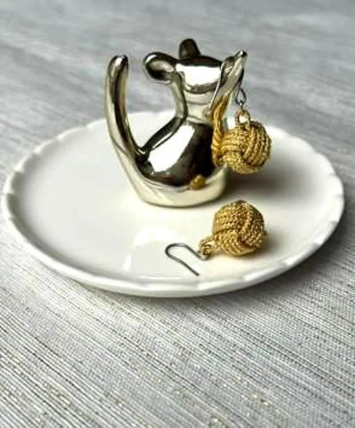 Handcrafted Japanese Silk Earrings –  Braided Gold Cord with Subtle Sparkle | Traditional Art Jewelry