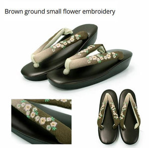 Japanese Women's Kimono Zori Sandals / Brown ground small flower embroidery, Size Free