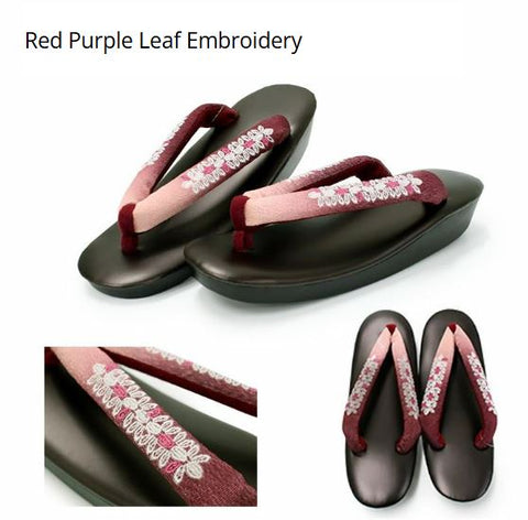 Japanese Women's Kimono Zori Sandals / Red Purple Leaf Embroidery, Size Free