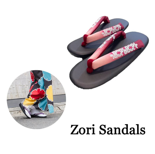 Japanese Women's Kimono Zori Sandals / Red Purple Leaf Embroidery, Size Free