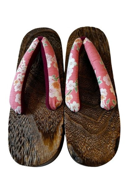 Japanese Women's Wooden Geta Sandals, Traditional with Floral Straps, Pink and Red, Size 7.5