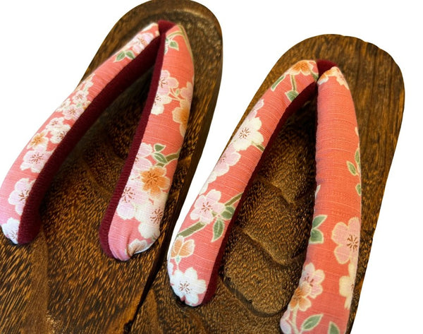Japanese Women's Wooden Geta Sandals, Traditional with Floral Straps, Pink and Red, Size 7.5