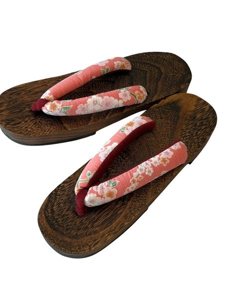 Japanese Women's Wooden Geta Sandals, Traditional with Floral Straps, Pink and Red, Size 7.5