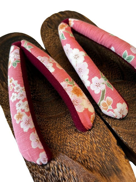 Japanese Women's Wooden Geta Sandals, Traditional with Floral Straps, Pink and Red, Size 7.5