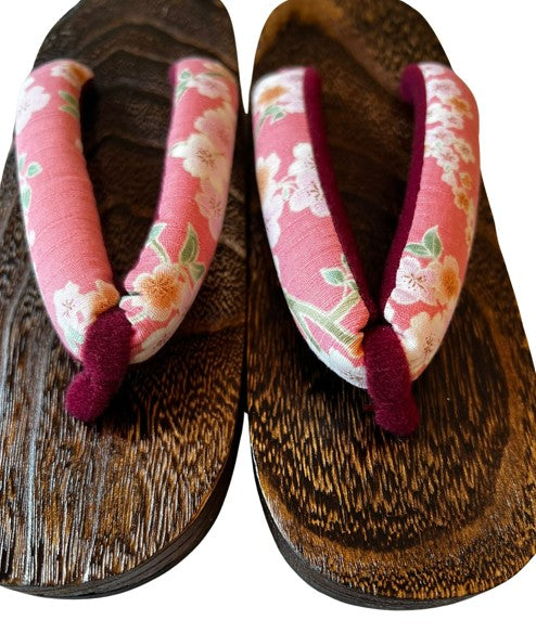 Japanese Women's Wooden Geta Sandals, Traditional with Floral Straps, Pink and Red, Size 7.5