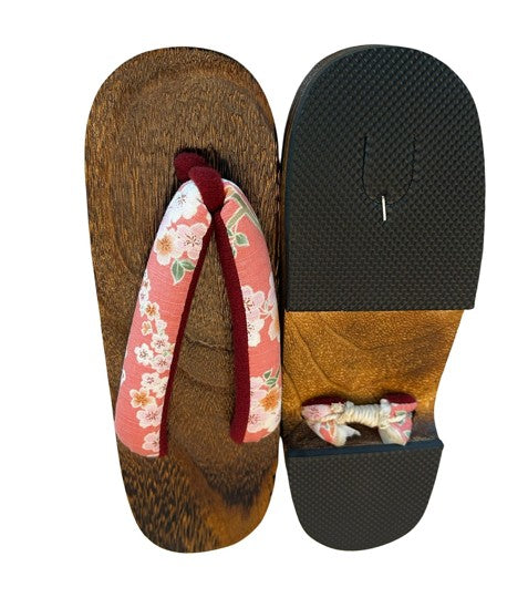 Japanese Women's Wooden Geta Sandals, Traditional with Floral Straps, Pink and Red, Size 7.5