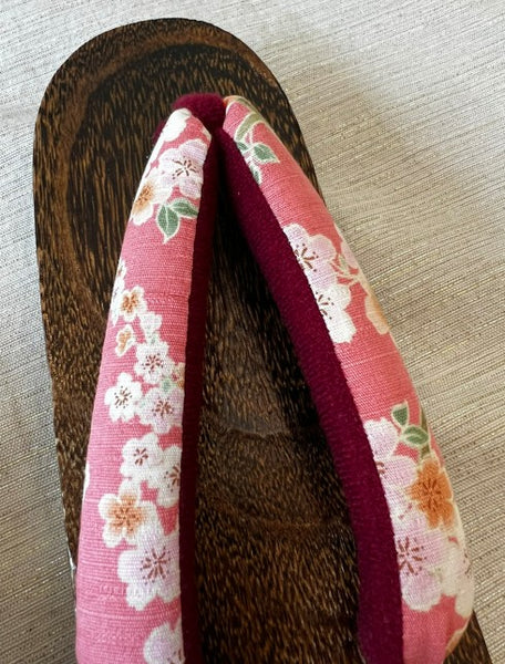 Japanese Women's Wooden Geta Sandals, Traditional with Floral Straps, Pink and Red, Size 7.5