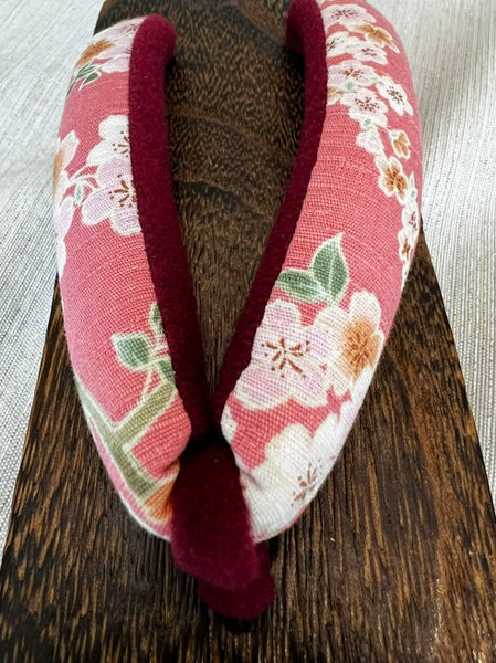 Japanese Women's Wooden Geta Sandals, Traditional with Floral Straps, Pink and Red, Size 7.5