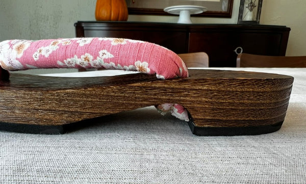 Japanese Women's Wooden Geta Sandals, Traditional with Floral Straps, Pink and Red, Size 7.5