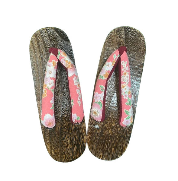 Japanese Women's Wooden Geta Sandals, Traditional with Floral Straps, Pink and Red, Size 7.5