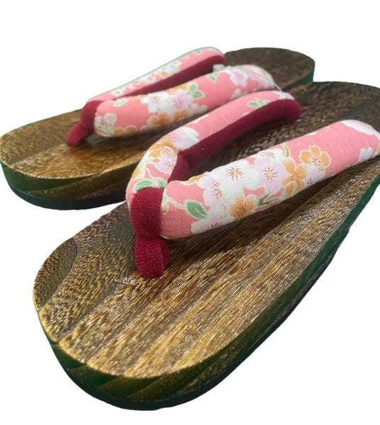 Japanese Women's Wooden Geta Sandals, Traditional with Floral Straps, Pink and Red, Size 7.5