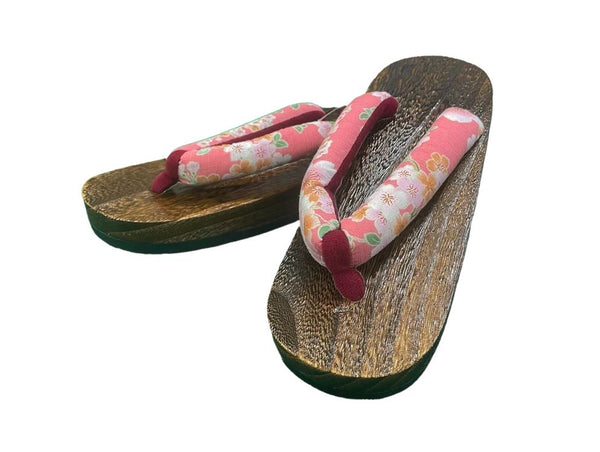 Japanese Women's Wooden Geta Sandals, Traditional with Floral Straps, Pink and Red, Size 7.5