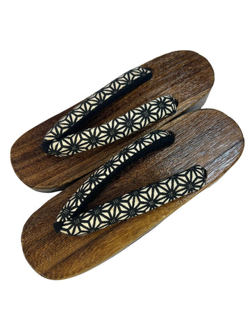 Japanese Women's Wooden Geta Sandals, Size 9–10.5 US / 25.5–26.5 cm, Traditional Asanoha Pattern Straps