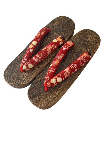 Japanese Women's Wooden Geta Sandals, Size 9–10.5 US / 25.5–26.5 cm, Traditional Seasonal Floral Pattern Straps
