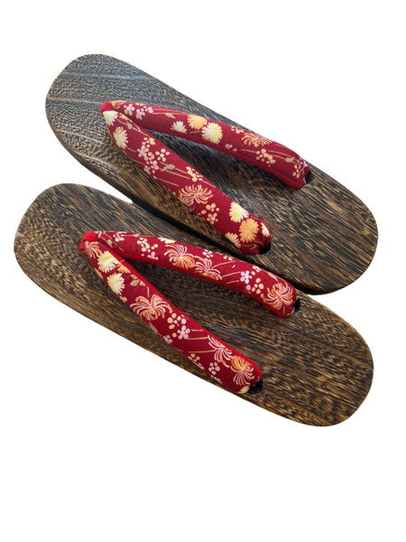 Japanese Women's Wooden Geta Sandals, Size 9–10.5 US / 25.5–26.5 cm, Traditional Seasonal Floral Pattern Straps