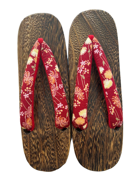 Japanese Women's Wooden Geta Sandals, Size 9–10.5 US / 25.5–26.5 cm, Traditional Seasonal Floral Pattern Straps