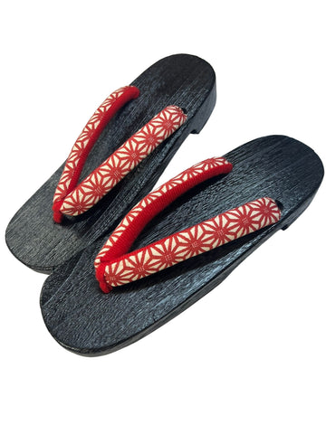 Japanese Women's Wooden Geta Sandals, Size 9–10.5 US / 25.5–26.5 cm, Traditional Red Asanoha Pattern Straps